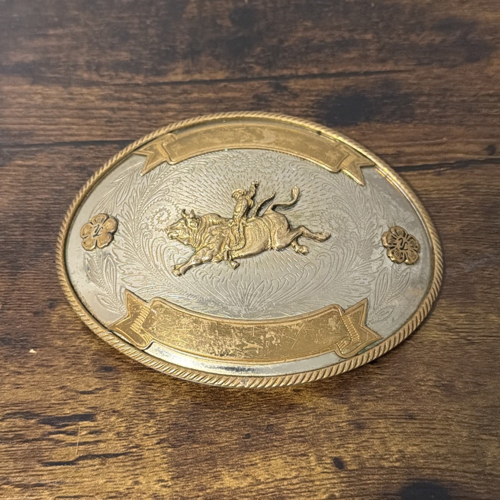 VTG 4.75" Tony Lama German Silver & Bronze Bull Riding Trophy Belt Buckle HTF